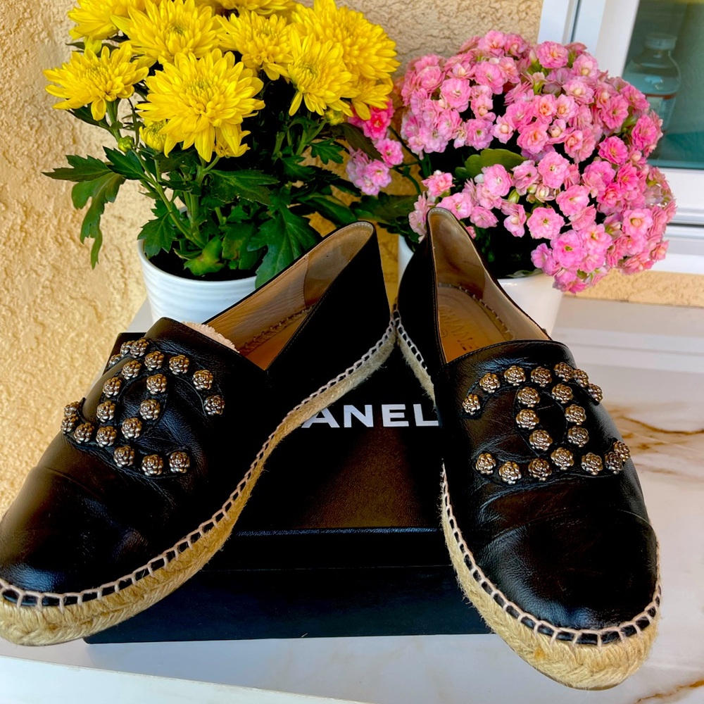 Chanel Camellia Studded Lambskin Espadrilles